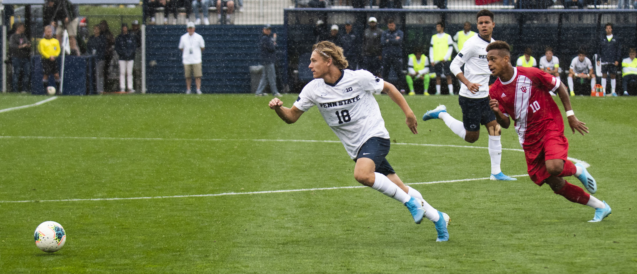 Men's Soccer v. Indiana, Stevenson (18) Runs To Ball
